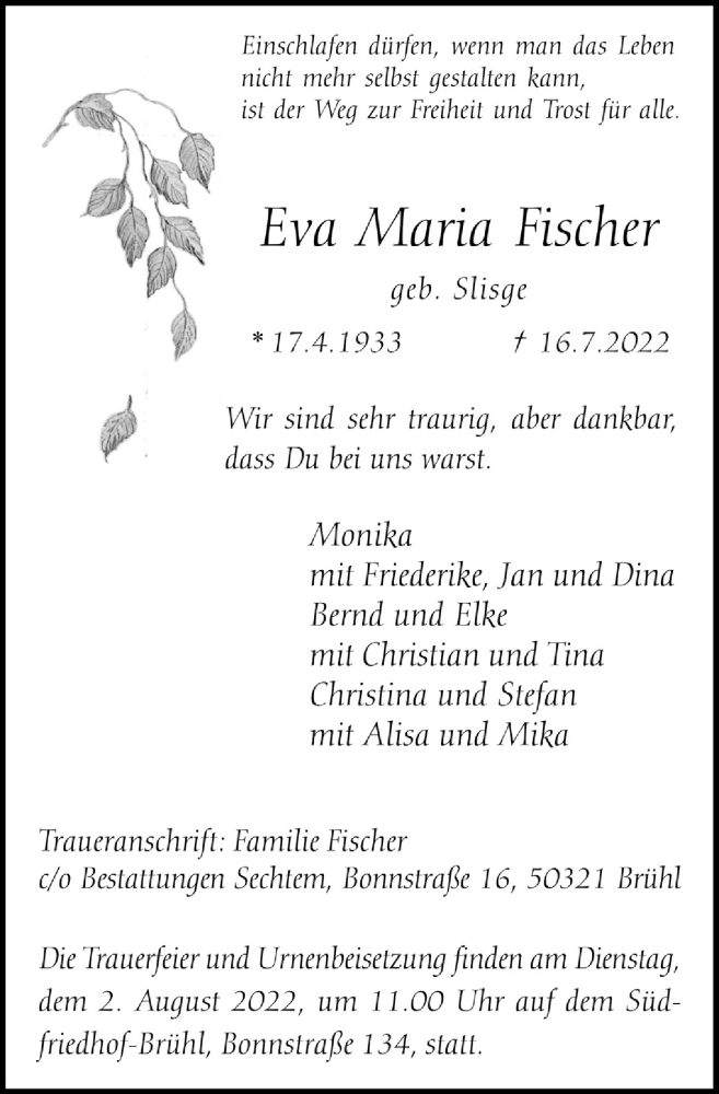  Traueranzeige für Eva Maria Fischer vom 22.07.2022 aus  Schlossbote/Werbekurier 