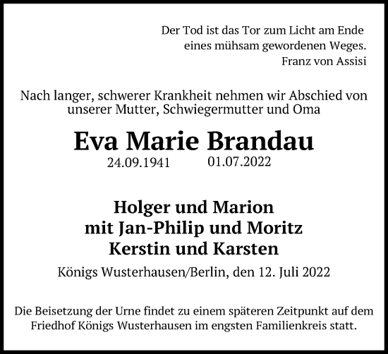 Anzeige von Eva Marie Brandau von Kölner Stadt-Anzeiger / Kölnische Rundschau / Express