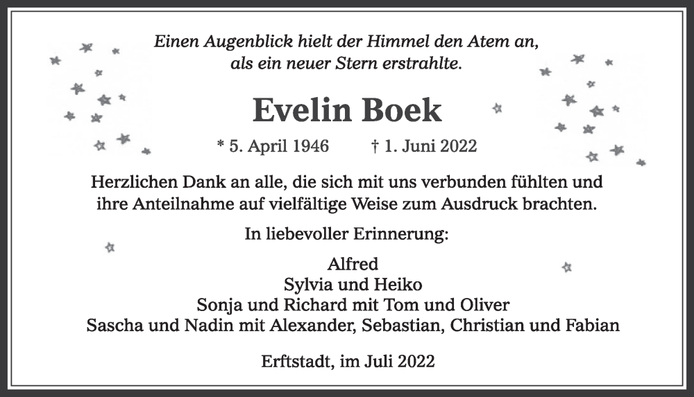  Traueranzeige für Evelin Boek vom 15.07.2022 aus  Werbepost 