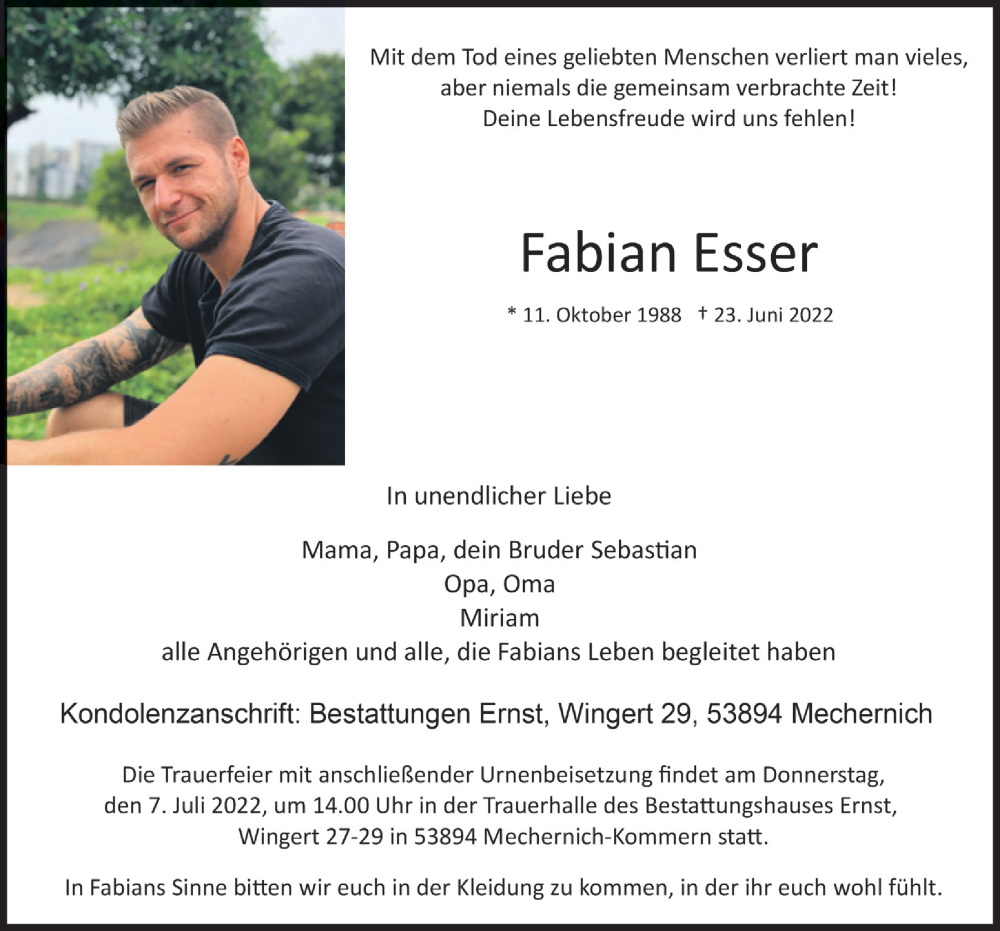  Traueranzeige für Fabian Esser vom 02.07.2022 aus  Blickpunkt Euskirchen 