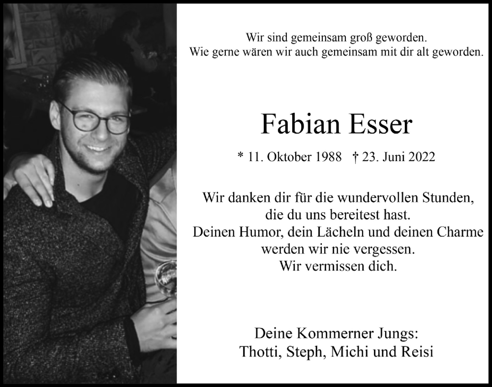  Traueranzeige für Fabian Esser vom 02.07.2022 aus  Blickpunkt Euskirchen 