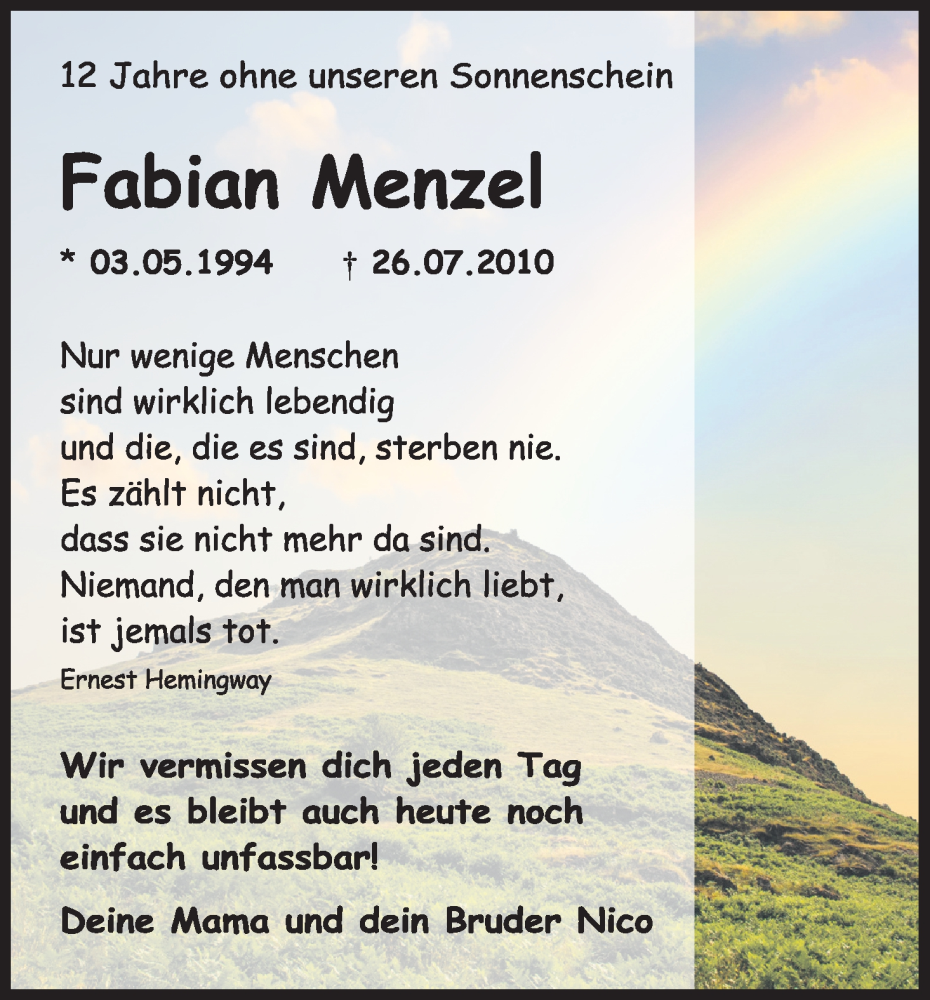  Traueranzeige für Fabian Menzel vom 26.07.2022 aus Kölner Stadt-Anzeiger / Kölnische Rundschau / Express
