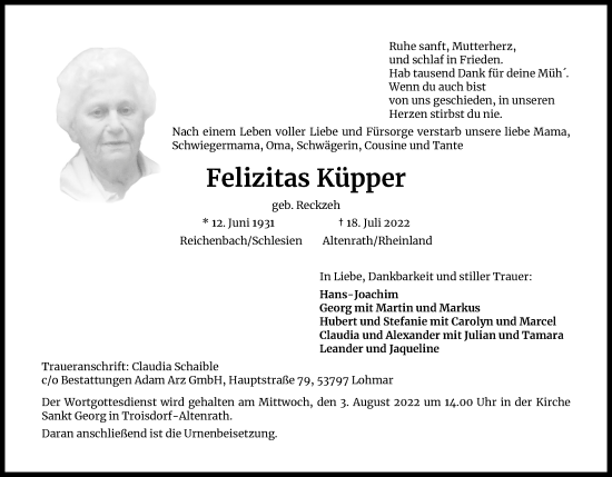 Anzeige von Felizitas Küpper von Kölner Stadt-Anzeiger / Kölnische Rundschau / Express
