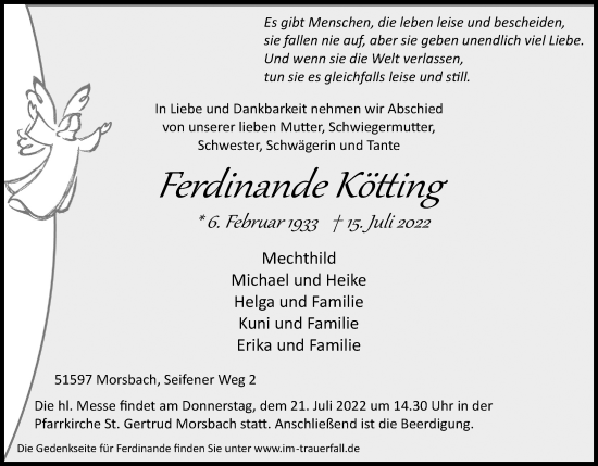 Anzeige von Ferdinande Kötting von Kölner Stadt-Anzeiger / Kölnische Rundschau / Express