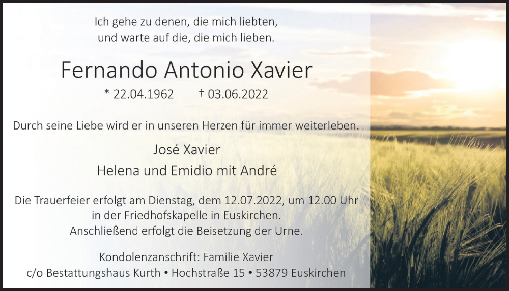  Traueranzeige für Fernando Antonio Xavier vom 02.07.2022 aus  Blickpunkt Euskirchen 