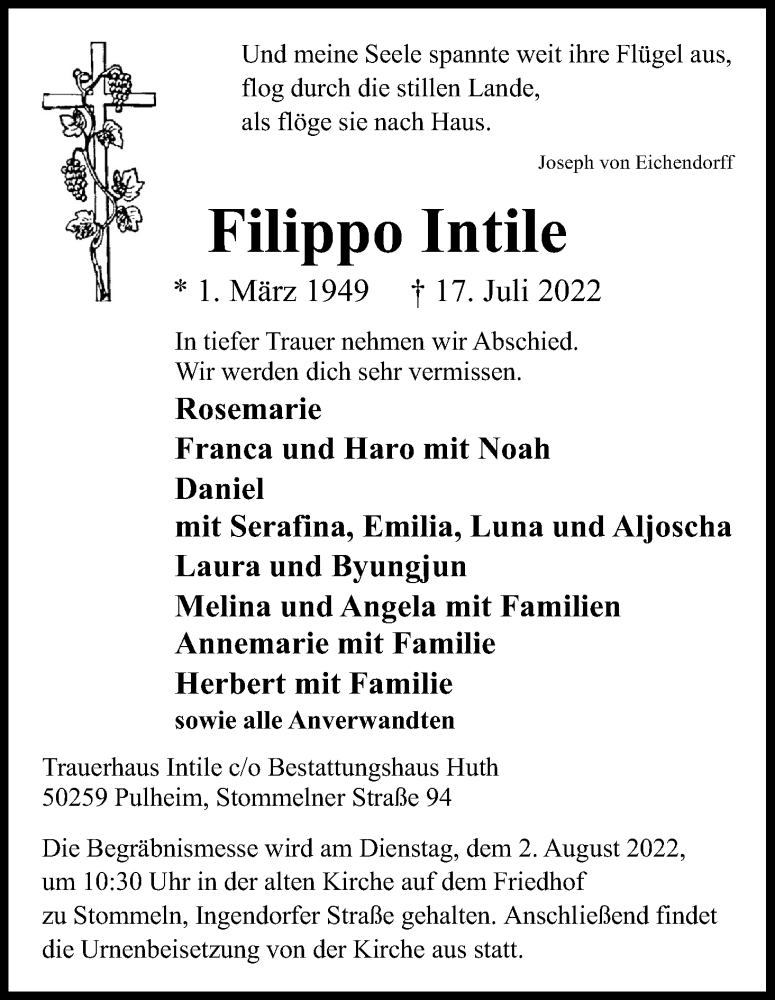  Traueranzeige für Filippo Intile vom 23.07.2022 aus Kölner Stadt-Anzeiger / Kölnische Rundschau / Express