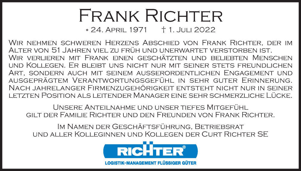  Traueranzeige für Frank Richter vom 23.07.2022 aus Kölner Stadt-Anzeiger / Kölnische Rundschau / Express