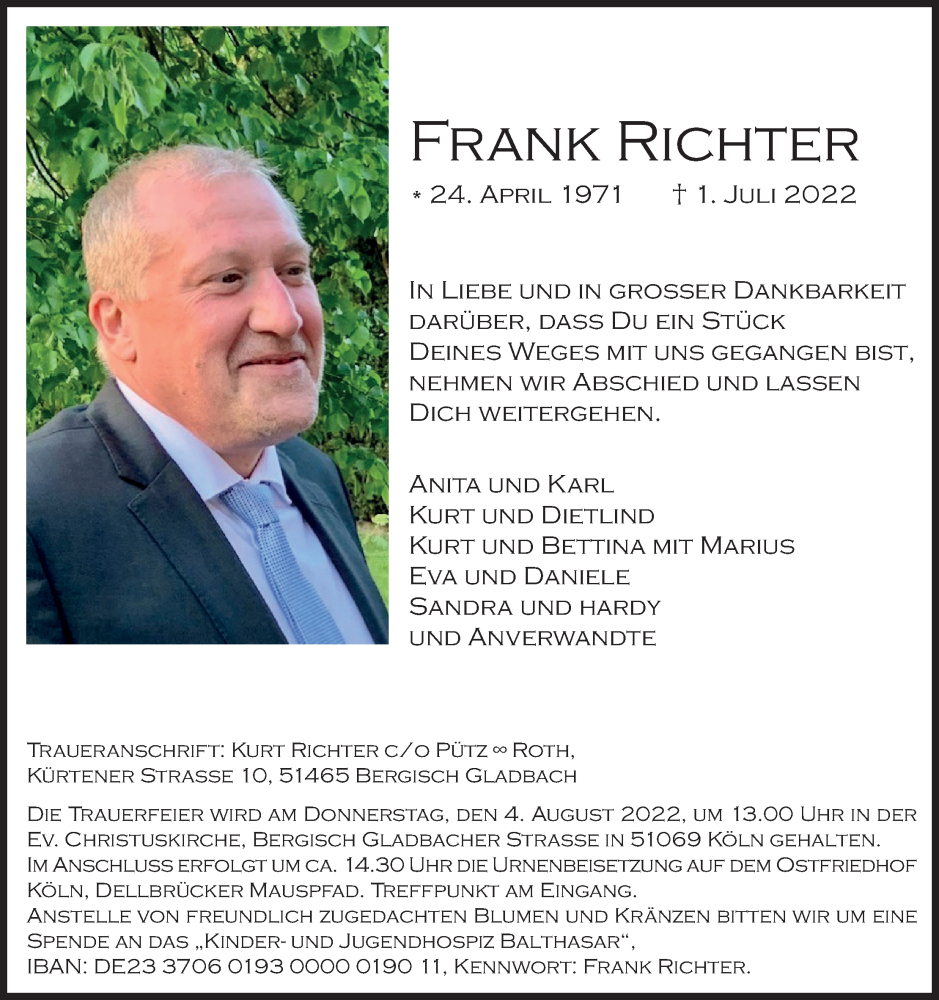  Traueranzeige für Frank Richter vom 23.07.2022 aus Kölner Stadt-Anzeiger / Kölnische Rundschau / Express