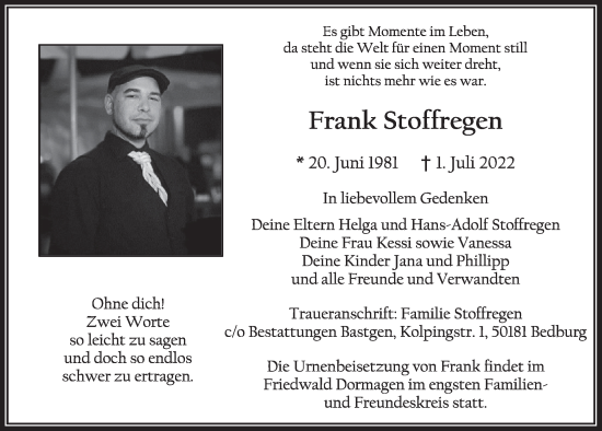 Anzeige von Frank Stoffregen von  Werbepost 