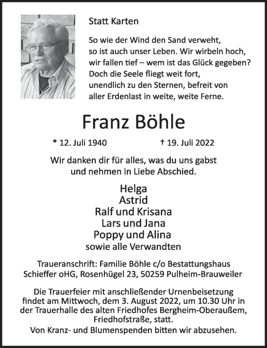 Anzeige von Franz Böhle von  Werbepost 
