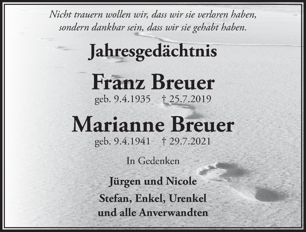  Traueranzeige für Franz Breuer vom 30.07.2022 aus  Blickpunkt Euskirchen 