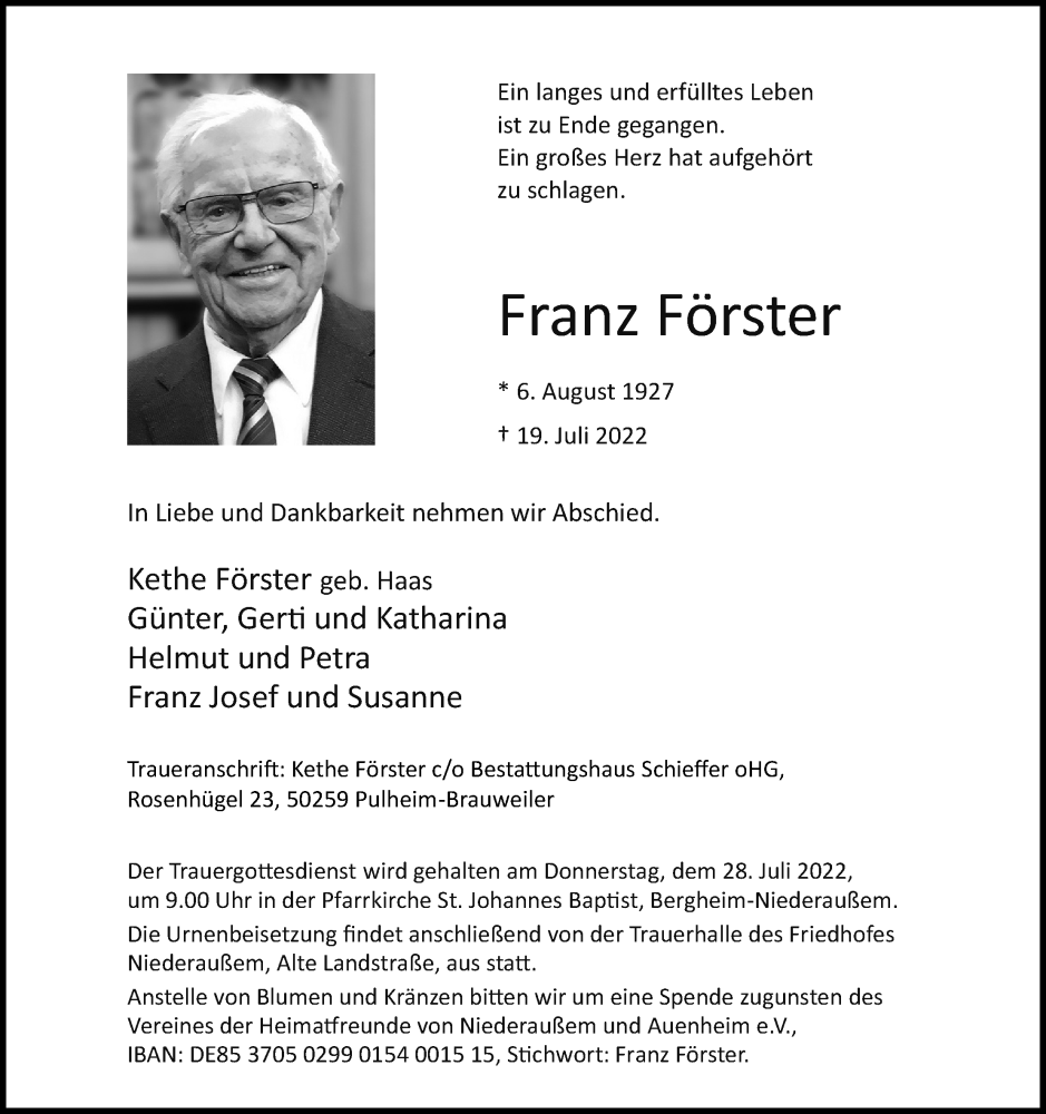  Traueranzeige für Franz Förster vom 23.07.2022 aus Kölner Stadt-Anzeiger / Kölnische Rundschau / Express