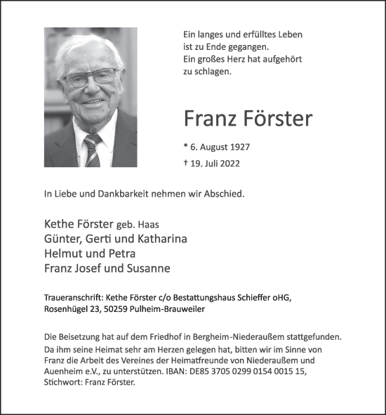 Anzeige von Franz Förster von  Werbepost 