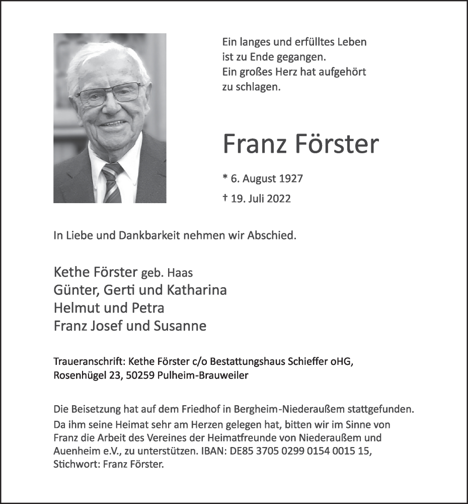  Traueranzeige für Franz Förster vom 29.07.2022 aus  Werbepost 