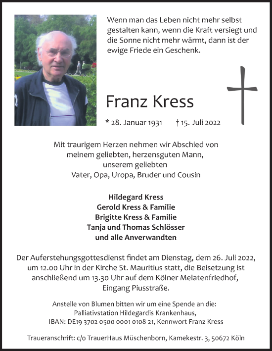 Anzeige von Franz Kress von Kölner Stadt-Anzeiger / Kölnische Rundschau / Express