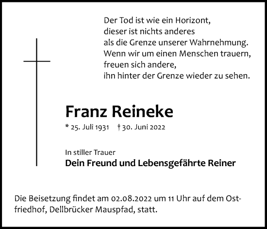 Anzeige von Franz Reineke von Kölner Stadt-Anzeiger / Kölnische Rundschau / Express