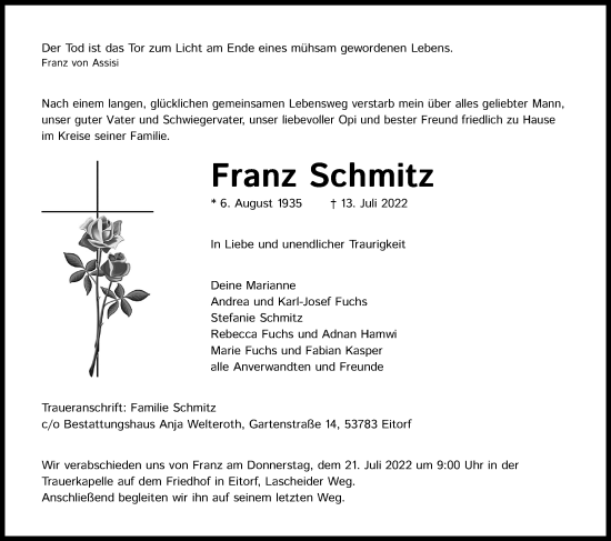 Anzeige von Franz Schmitz von Kölner Stadt-Anzeiger / Kölnische Rundschau / Express