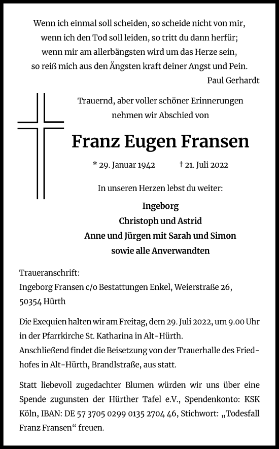 Anzeige von Franz Eugen Fransen von Kölner Stadt-Anzeiger / Kölnische Rundschau / Express