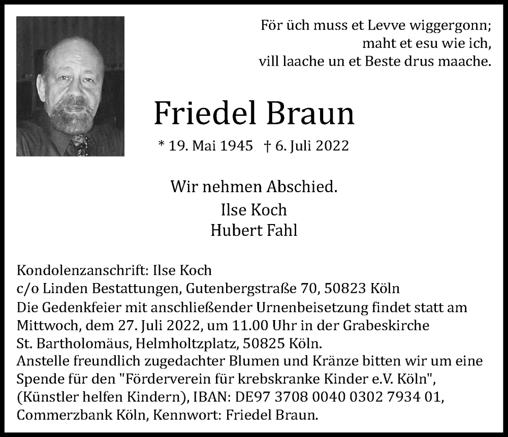  Traueranzeige für Friedel Braun vom 23.07.2022 aus Kölner Stadt-Anzeiger / Kölnische Rundschau / Express