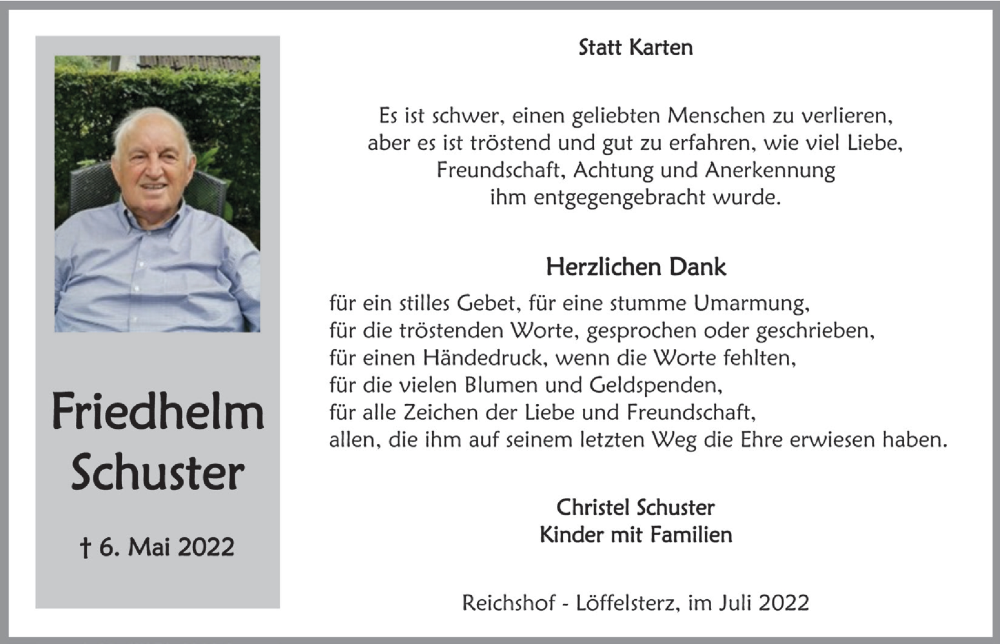  Traueranzeige für Friedhelm Schuster vom 15.07.2022 aus  Anzeigen Echo  Lokalanzeiger 