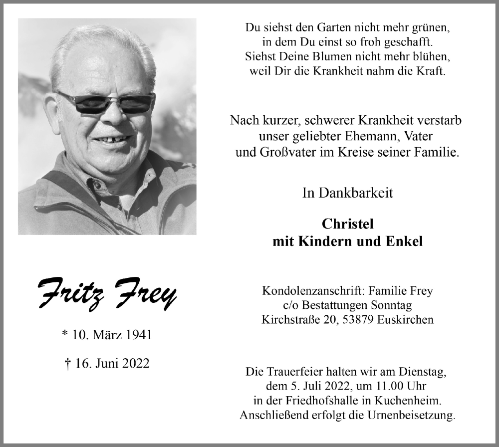  Traueranzeige für Fritz Frey vom 02.07.2022 aus  Blickpunkt Euskirchen 