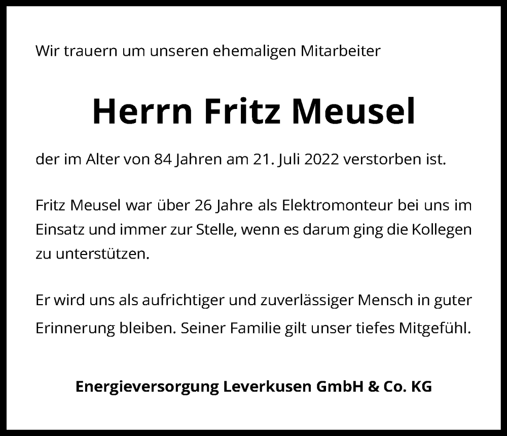  Traueranzeige für Fritz Meusel vom 30.07.2022 aus Kölner Stadt-Anzeiger / Kölnische Rundschau / Express