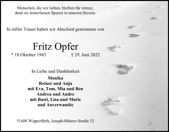 Anzeige von Fritz Opfer von Kölner Stadt-Anzeiger / Kölnische Rundschau / Express