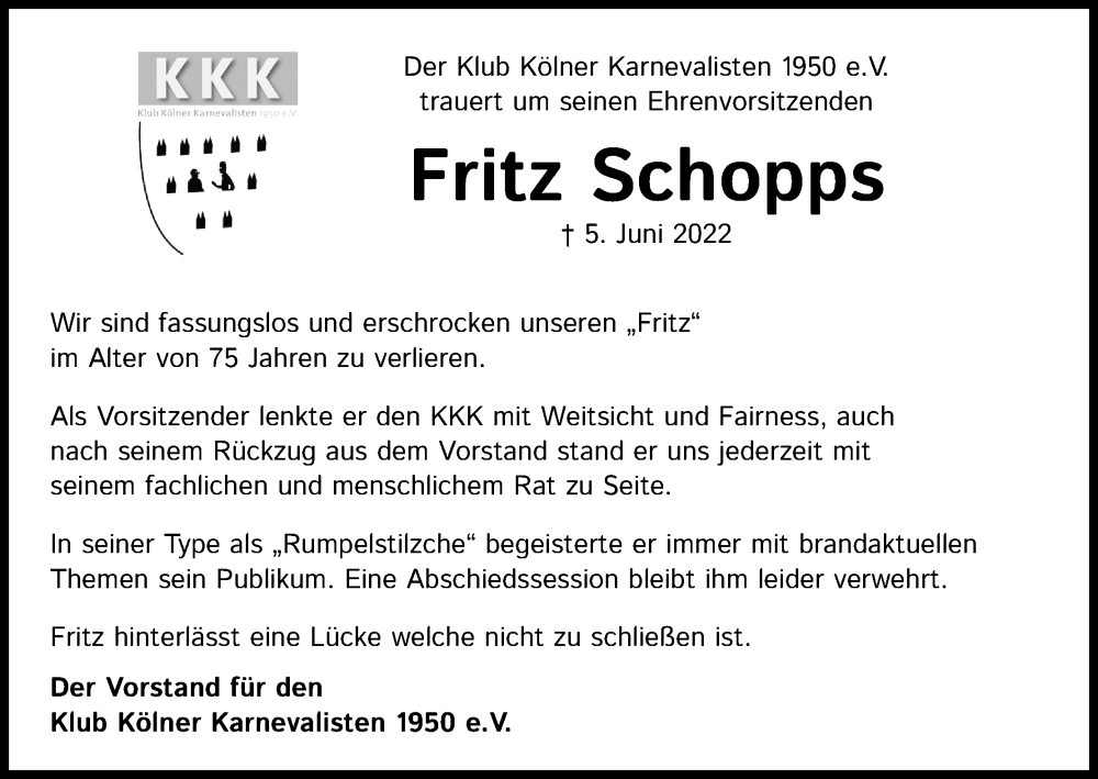  Traueranzeige für Fritz Schopps vom 02.07.2022 aus Kölner Stadt-Anzeiger / Kölnische Rundschau / Express