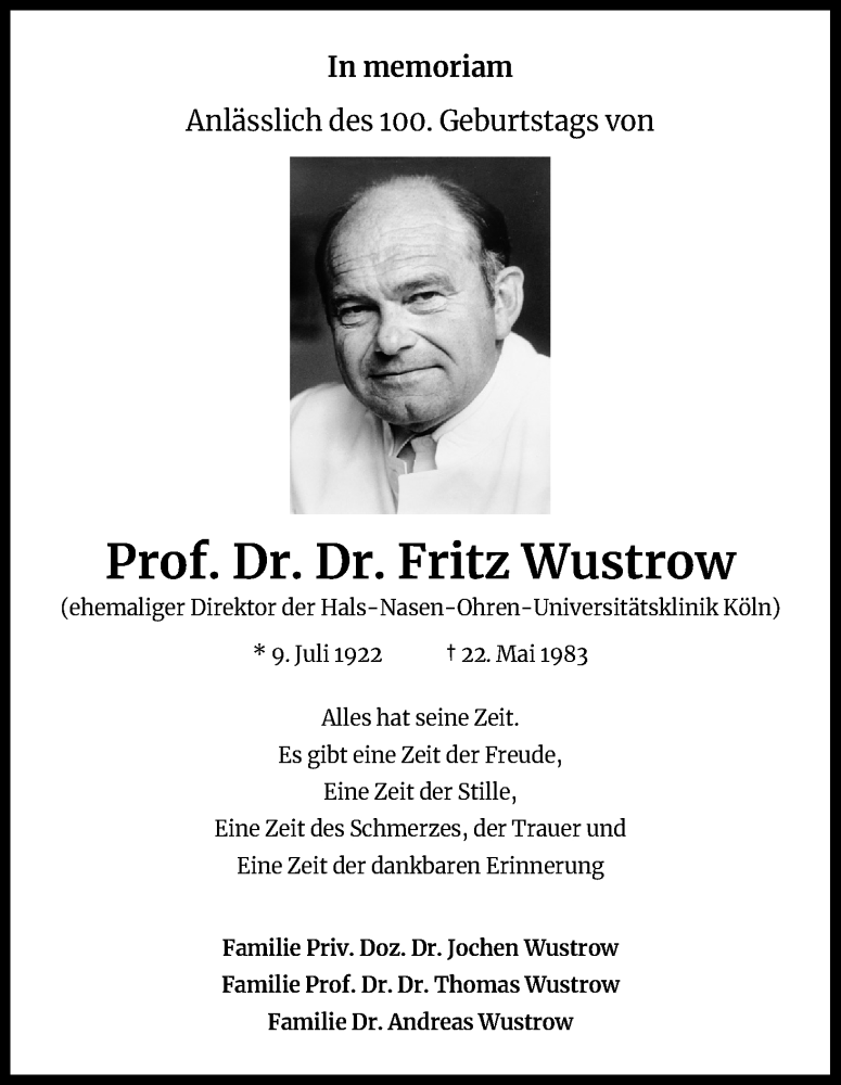  Traueranzeige für Fritz Wustrow vom 09.07.2022 aus Kölner Stadt-Anzeiger / Kölnische Rundschau / Express