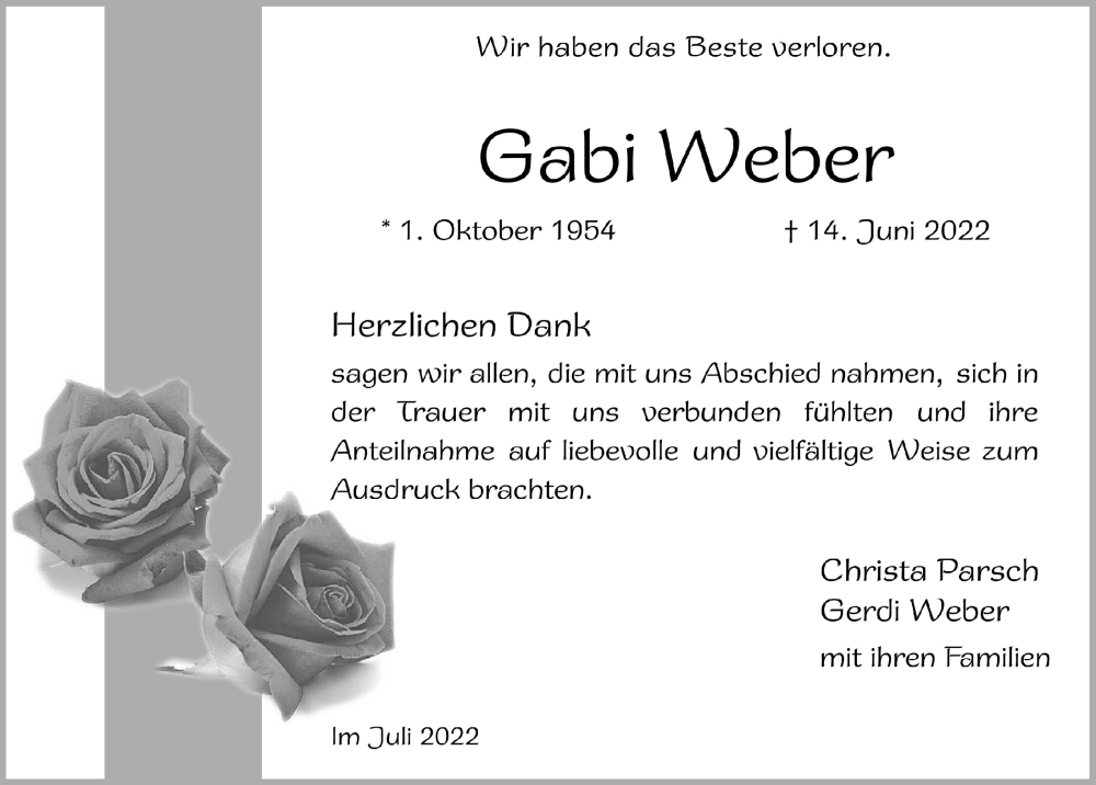  Traueranzeige für Gabi Weber vom 23.07.2022 aus  Blickpunkt Euskirchen 