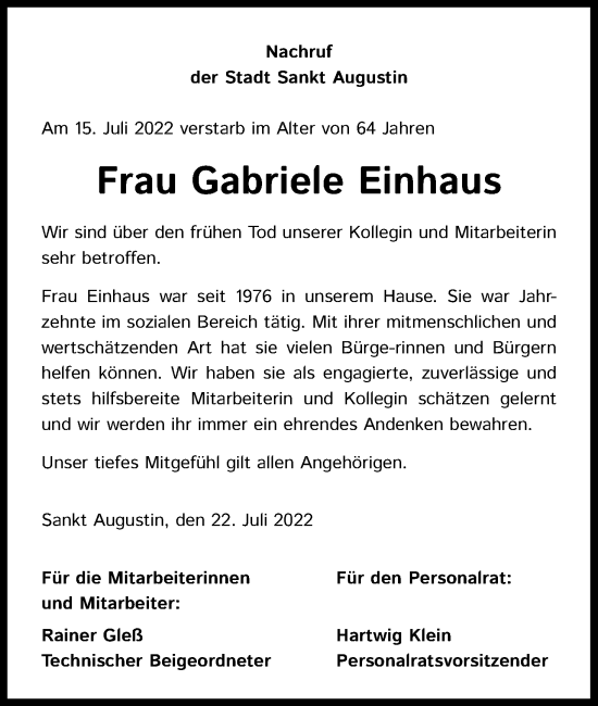 Anzeige von Gabriele Einhaus von Kölner Stadt-Anzeiger / Kölnische Rundschau / Express