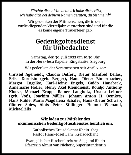 Anzeige von Gedenkgottesdienst  von Kölner Stadt-Anzeiger / Kölnische Rundschau / Express
