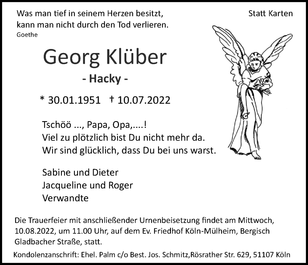  Traueranzeige für Georg Klüber vom 30.07.2022 aus Kölner Stadt-Anzeiger / Kölnische Rundschau / Express