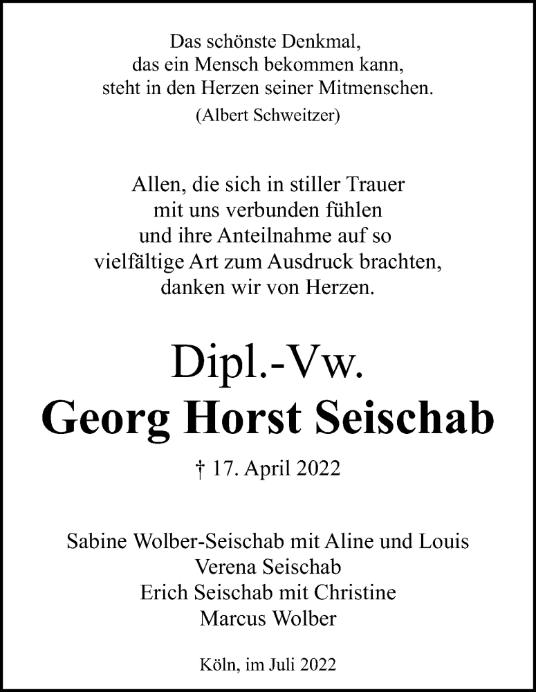  Traueranzeige für Georg Horst Seischab vom 09.07.2022 aus Kölner Stadt-Anzeiger / Kölnische Rundschau / Express