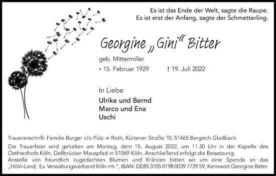 Anzeige von Georgine Bitter von Kölner Stadt-Anzeiger / Kölnische Rundschau / Express