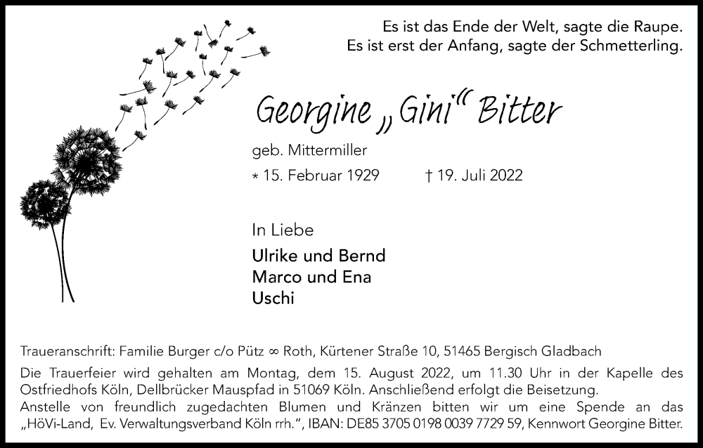  Traueranzeige für Georgine Bitter vom 30.07.2022 aus Kölner Stadt-Anzeiger / Kölnische Rundschau / Express