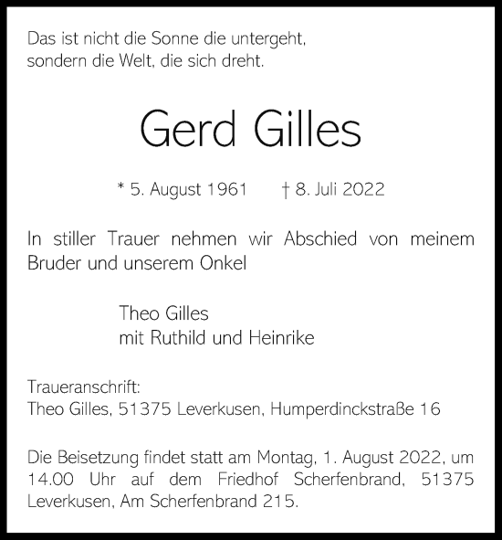 Anzeige von Gerd Gilles von Kölner Stadt-Anzeiger / Kölnische Rundschau / Express