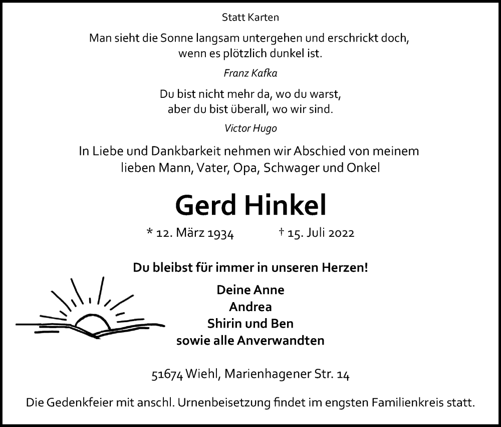  Traueranzeige für Gerd Hinkel vom 20.07.2022 aus Kölner Stadt-Anzeiger / Kölnische Rundschau / Express