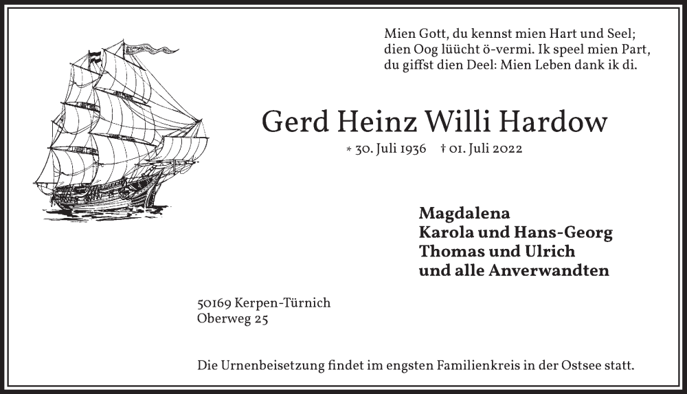  Traueranzeige für Gerd Heinz Willi Hardow vom 08.07.2022 aus  Wochenende 