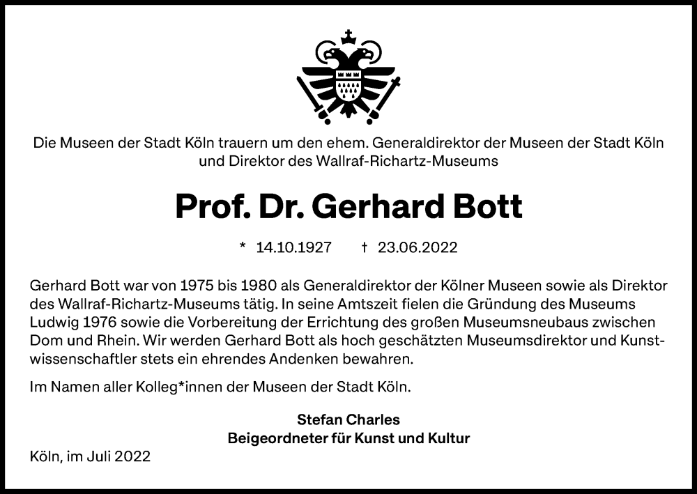  Traueranzeige für Gerhard Bott vom 09.07.2022 aus Kölner Stadt-Anzeiger / Kölnische Rundschau / Express