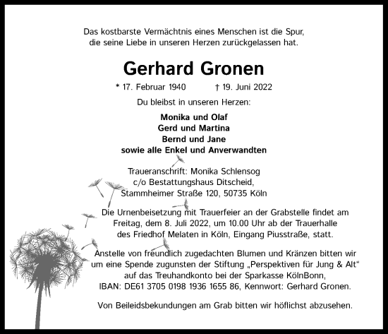 Anzeige von Gerhard Gronen von Kölner Stadt-Anzeiger / Kölnische Rundschau / Express