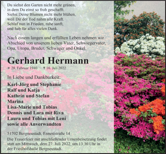 Anzeige von Gerhard Hermann von  Anzeigen Echo 