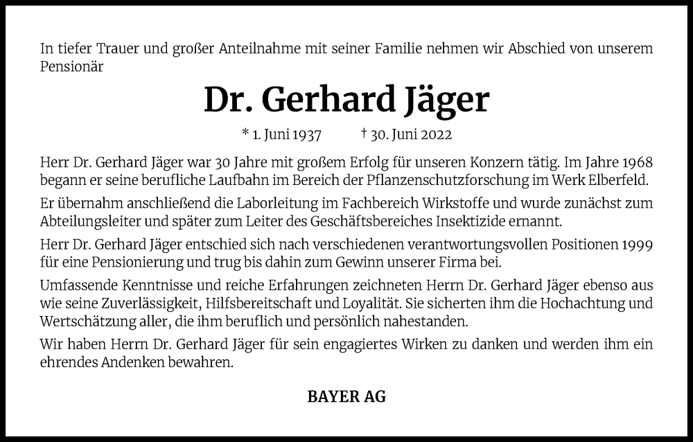  Traueranzeige für Gerhard Jäger vom 09.07.2022 aus Kölner Stadt-Anzeiger / Kölnische Rundschau / Express