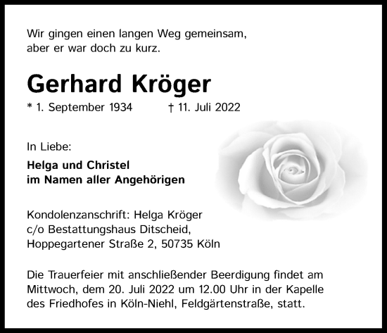Anzeige von Gerhard Kröger von Kölner Stadt-Anzeiger / Kölnische Rundschau / Express