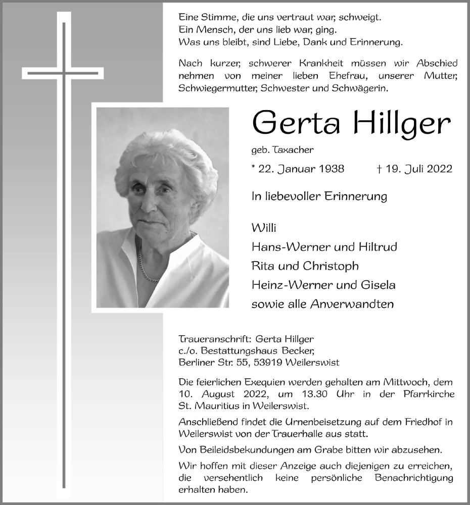  Traueranzeige für Gerta Hillger vom 30.07.2022 aus  Blickpunkt Euskirchen 