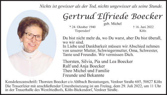 Anzeige von Gertrud-Elfriede Boecker von Kölner Stadt-Anzeiger / Kölnische Rundschau / Express