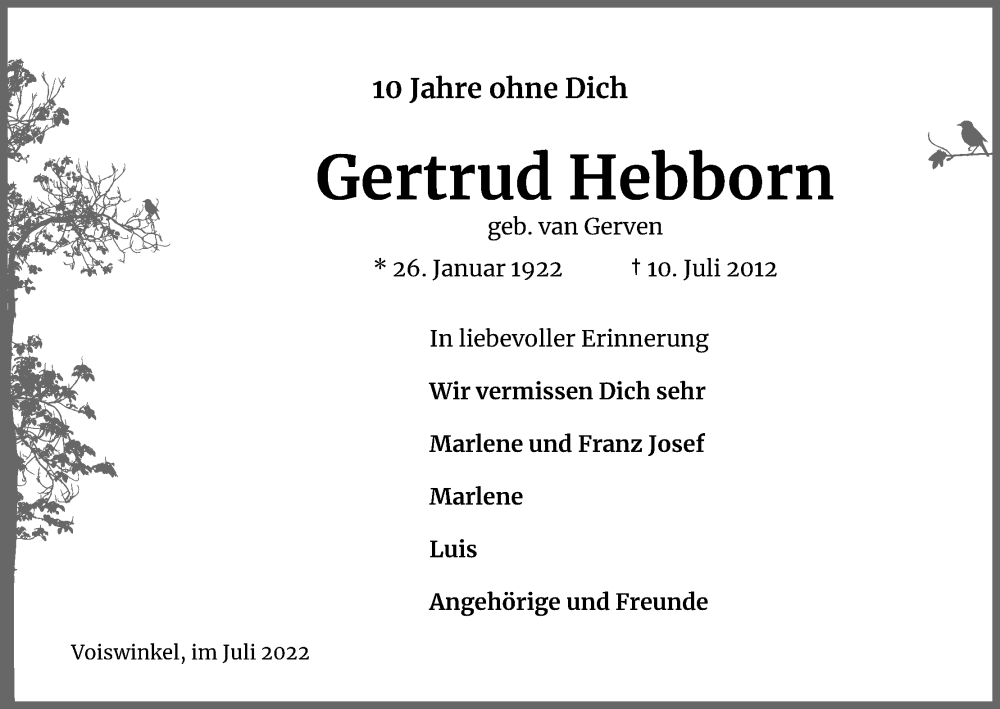  Traueranzeige für Gertrud Hebborn vom 09.07.2022 aus Kölner Stadt-Anzeiger / Kölnische Rundschau / Express