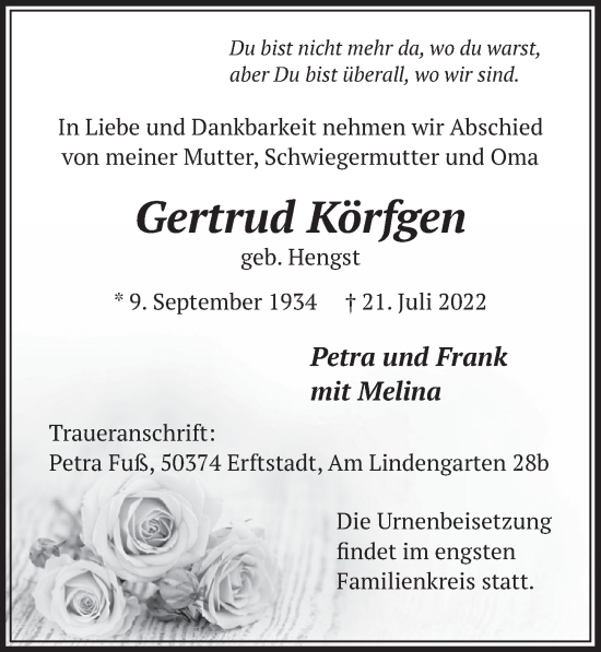 Anzeige von Gertrud Körfgen von  Werbepost 