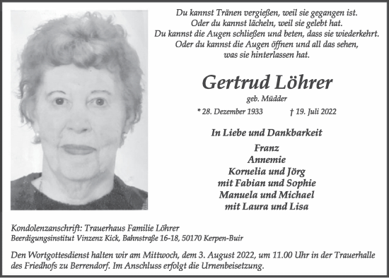 Anzeige von Gertrud Löhrer von  Werbepost 