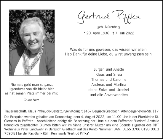 Anzeige von Gertrud Piffka von Kölner Stadt-Anzeiger / Kölnische Rundschau / Express
